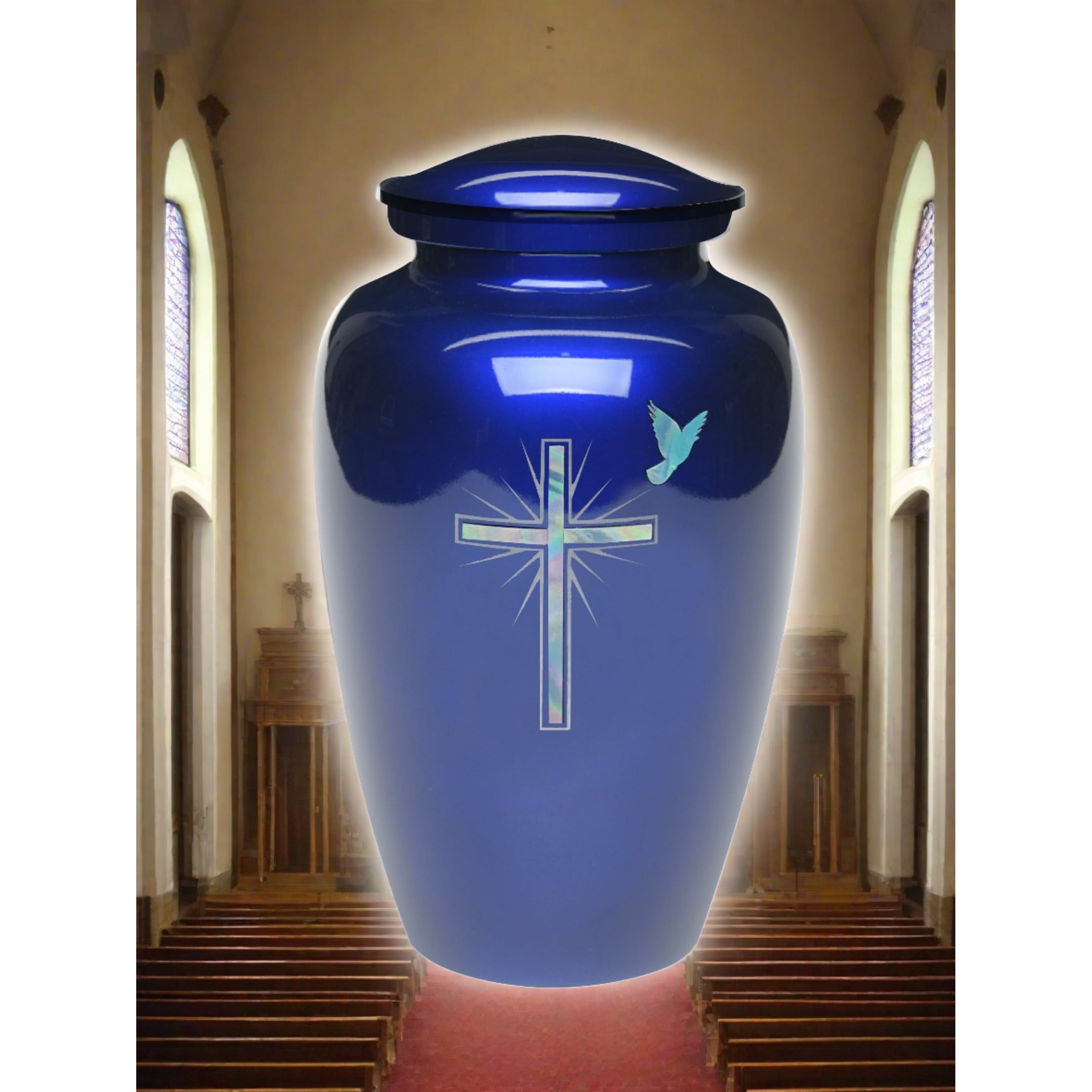 Adult cremation urn | Mother of Pearl Cross Ash Urn | Great Human ash urn | Cross on Blue | Quality Urns For Less