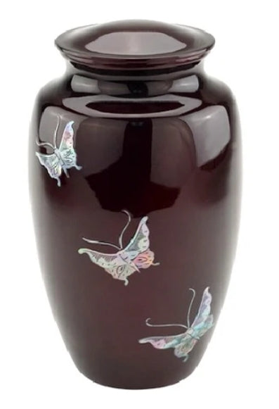 Butterflies on Burgundy, Mother of Pearl, Cremation Urn