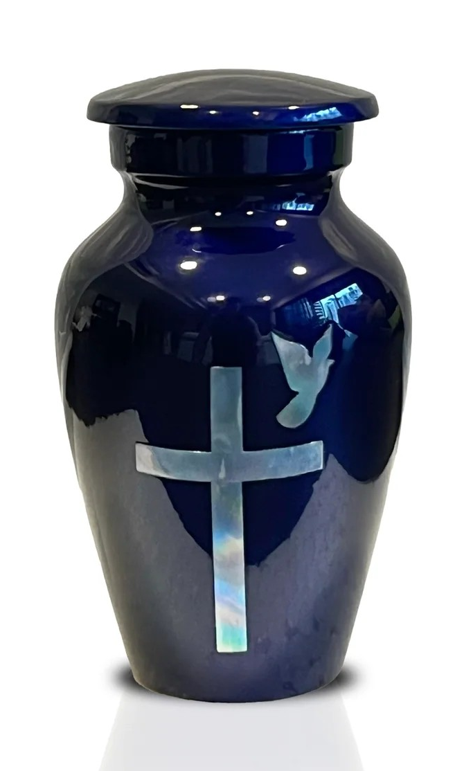 Mother of Pearl, Cross on Blue, Adult Cremation Urn, Memory Lane Urns