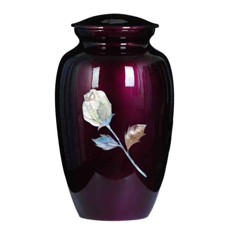 Rose on Burgundy, Mother of Pearl, Cremation Urn